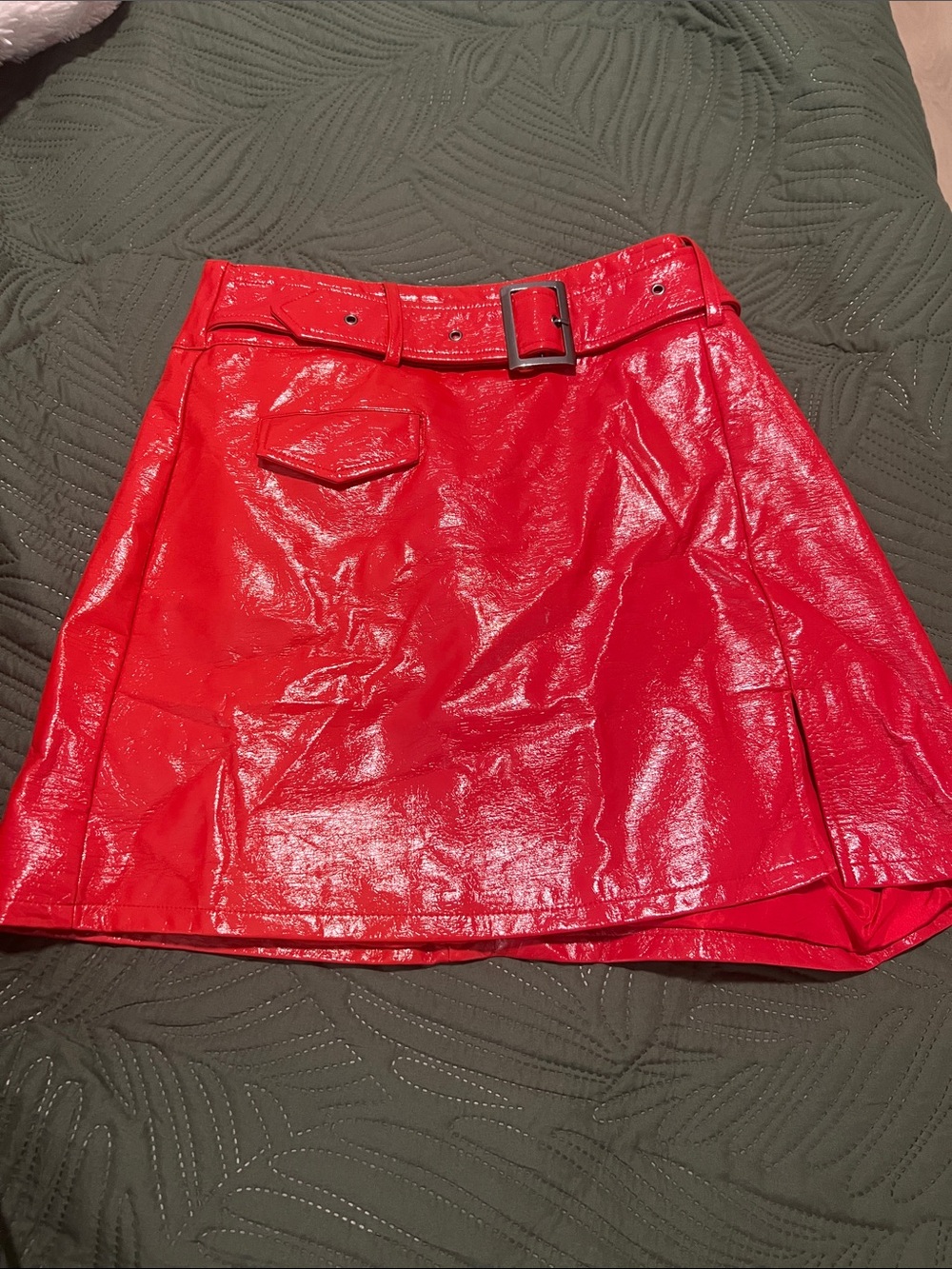 Bar III Red Faux Leather Midi Skirt with Belt